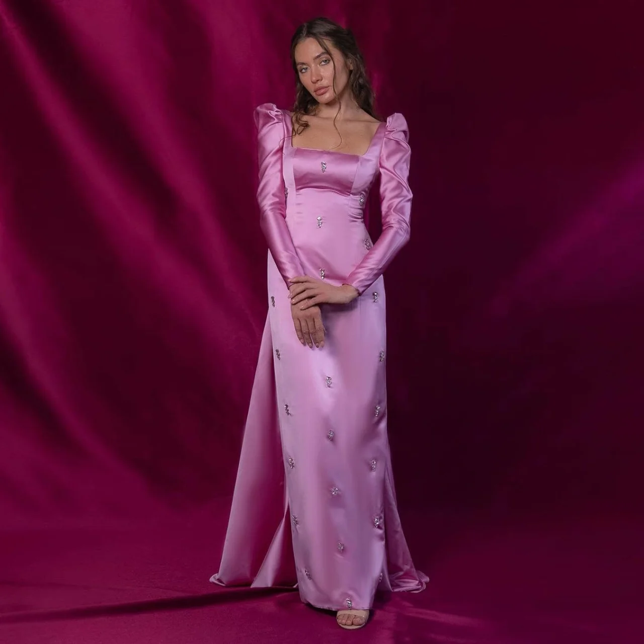 

Vintage Mermaid Long Sleeves Prom Dresses Beadings Square Neck Backless Floor Length vestidos de novia Formal Party Dresses