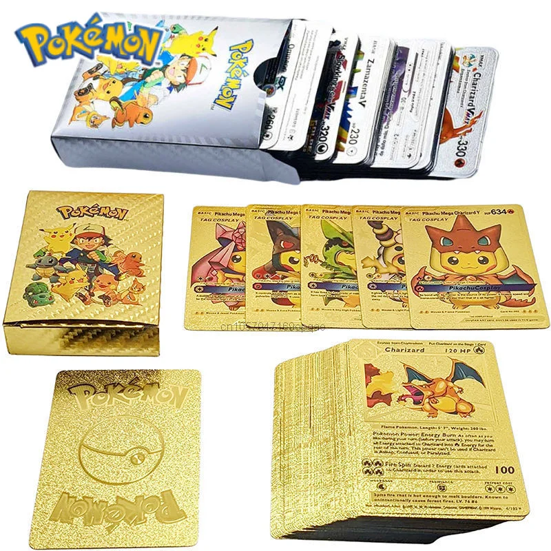 Cartas de Pokémon Pikachu de 27 piezas para niños, cartas de Metal dorado con letras doradas en inglés, cartas de juego metálicas en español, colección de cartas de juego, juguete para niños