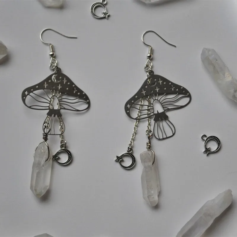 

Fashion Mushroom Earrings, Natural Irregular White Quartz Crystal Earrings, Star Moon Earrings, Boho Jewelry, Gifts for Women