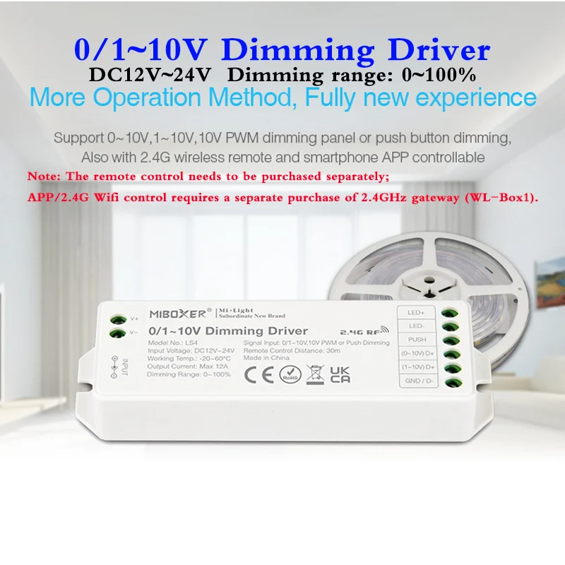 MiBOXER 0/1~10V Dimming Driver DC12V 24V Single Color Controller Dimmer Range 0~100% Compatible with 2.4GHz Wireless RF Control
