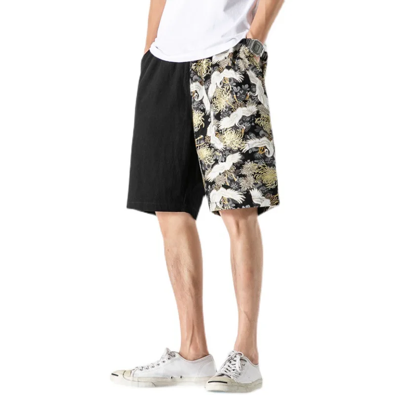 Chinese Style Print Crane Men Shorts Patchwork Contrast Cotton Lagre Size Trousers Casual Loungewear Lingerie Home Pant