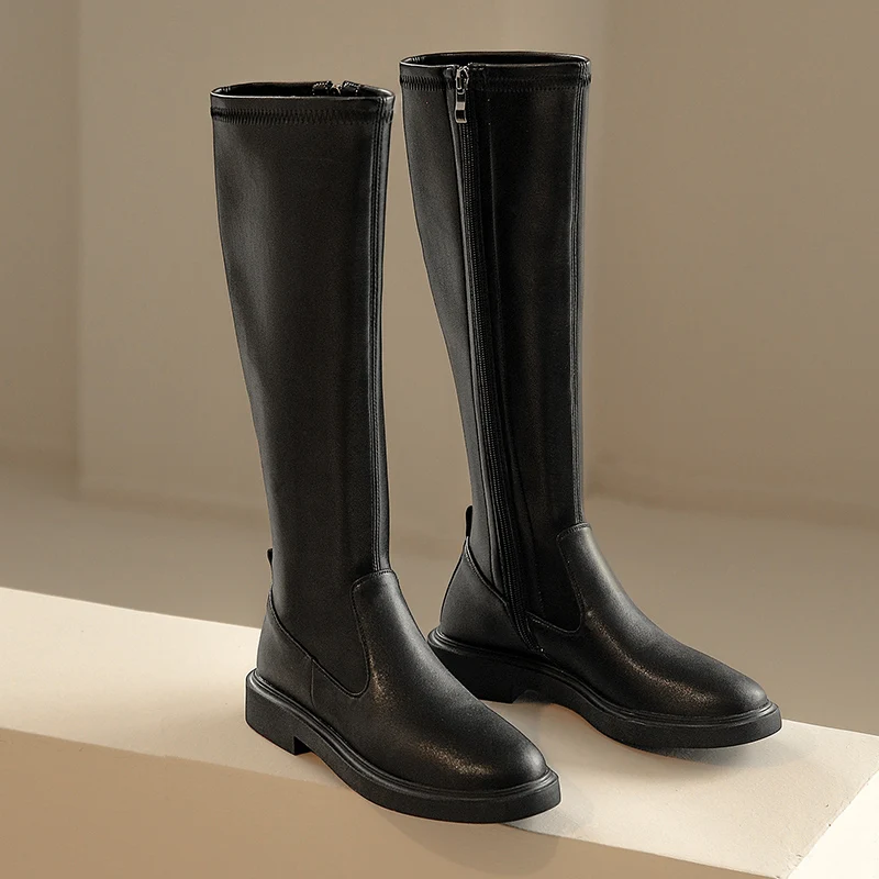 

Genuine Leather Knee High Motorcycle Boots Autumn Winter Punk Fashion Concise Low Heels Casual Shoes Woman