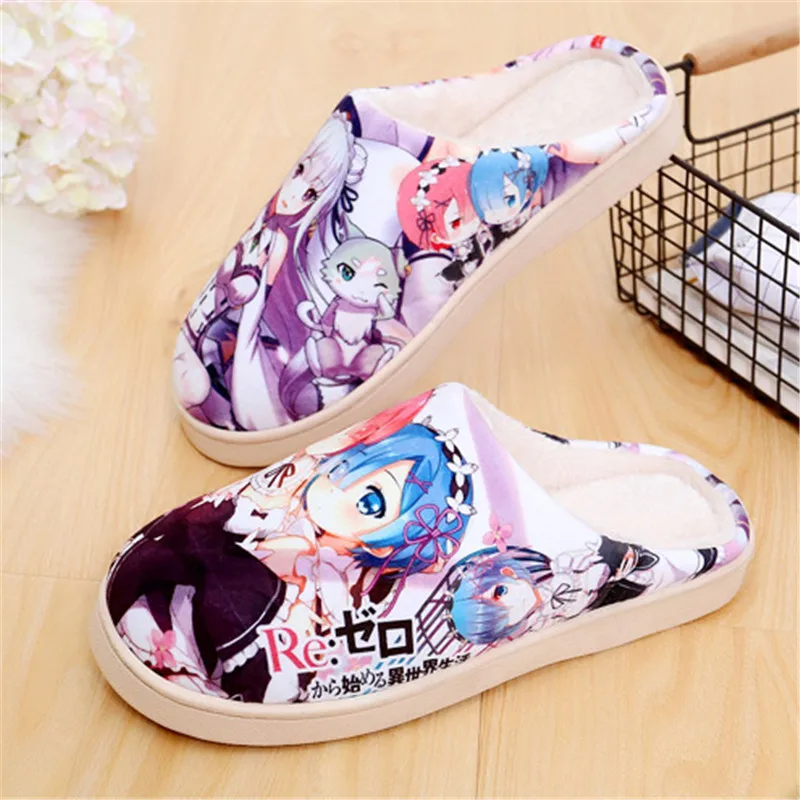 Japanese Anime Plush Shoes Re Zero kara Hajimeru Isekai  Ram Rem Emilia Womens Warm Shoes Plush Antiskid Home Indoor Slippers
