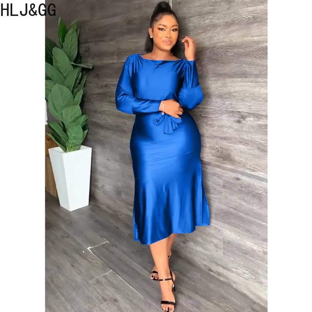 

HLJ&GG Elegant Office Lady Off Shoulder Dresses Women Long Sleeve Bodycon Mid Dress Fall Solid Color Slim Party Club Vestidos