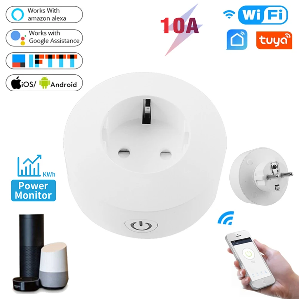 Купи 10A Tuya WIFI Wireless Smart Socket Power Monitor Remote Timing EU FR Plug Voice Control Smart Outlet Work With Alexa Google за 665 рублей в магазине AliExpress