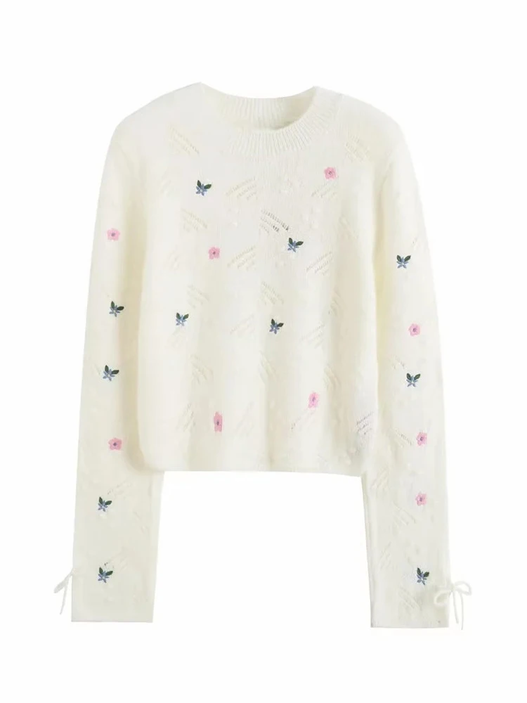

Womens Spring Autumn New Casual Knitted Pullover Feamle O-Neck Long Sleeve Short Sweaters Za Ladies Cute Flower Embroidery Tops