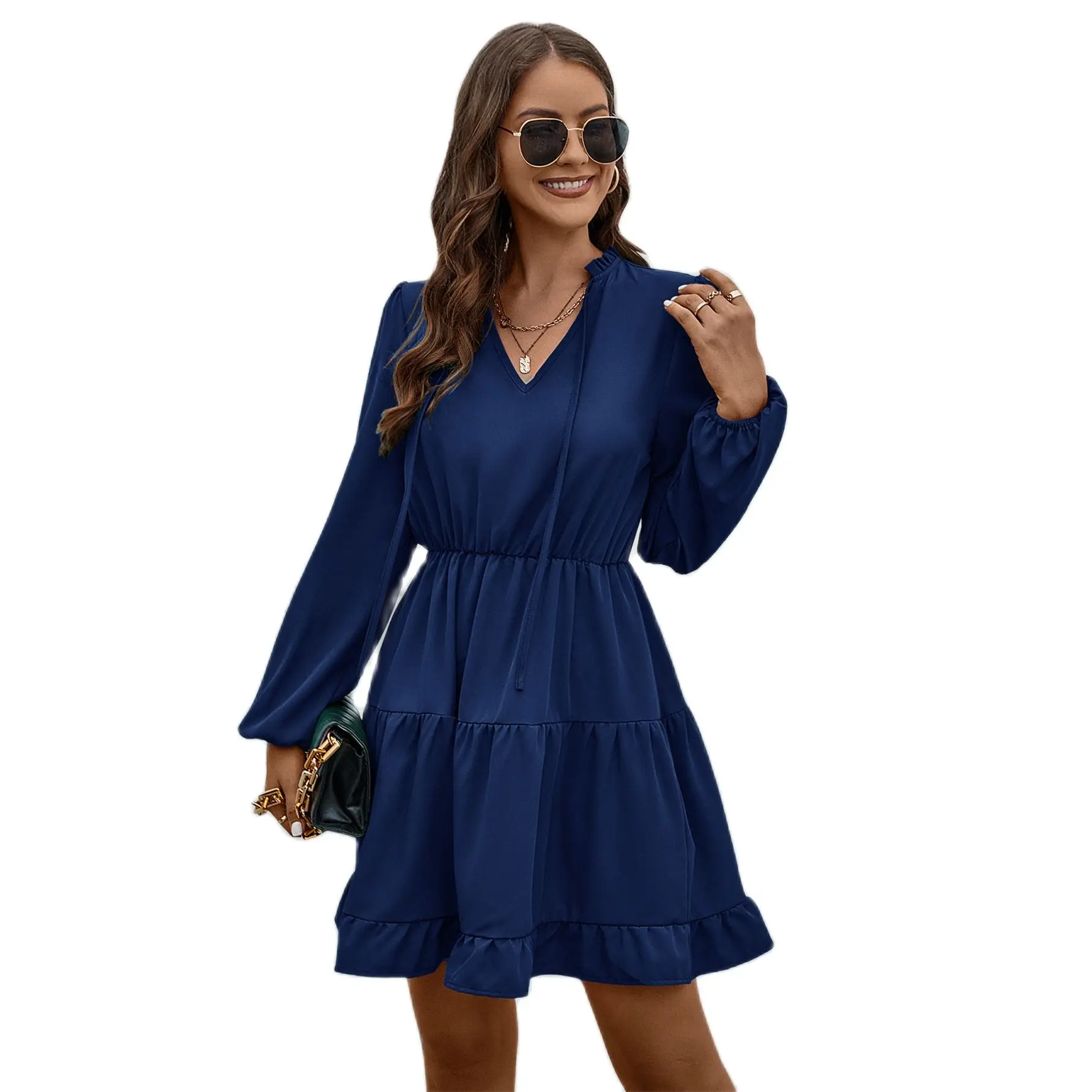 

Повседневное сексуальное женское мини-платье, женское платье с длинным рукавом, женское платье с V-образным вырезом и завязками, женское уличное платье с оборками