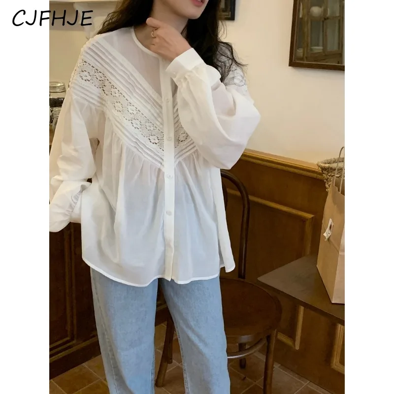 CJFHJE Новинка Женская однотонная плиссированная кружевная рубашка в стиле пэчворк