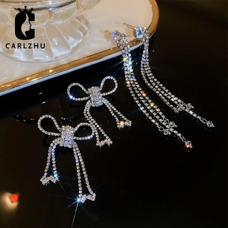 

European and American Exaggerated Rhinestone Bowknot Long Tassel Drop Earrings High Sense Temperament Earring Female Jewelry