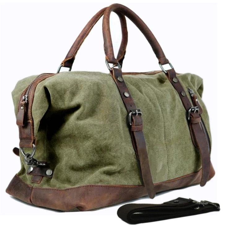 

Vintage military Canvas Leather men travel bags Carry on Luggage bags Men Duffel bags travel tote large weekend Bag Overnight