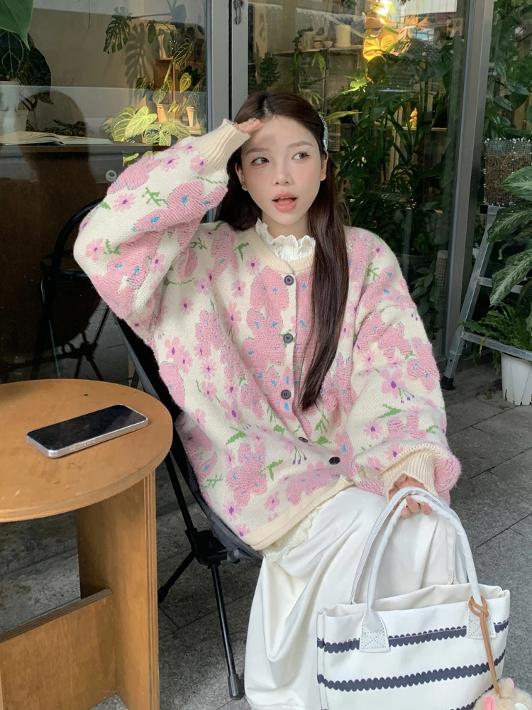 Вязаный свитер в Корейском стиле на зиму милые пуловеры с цветочным рисунком и