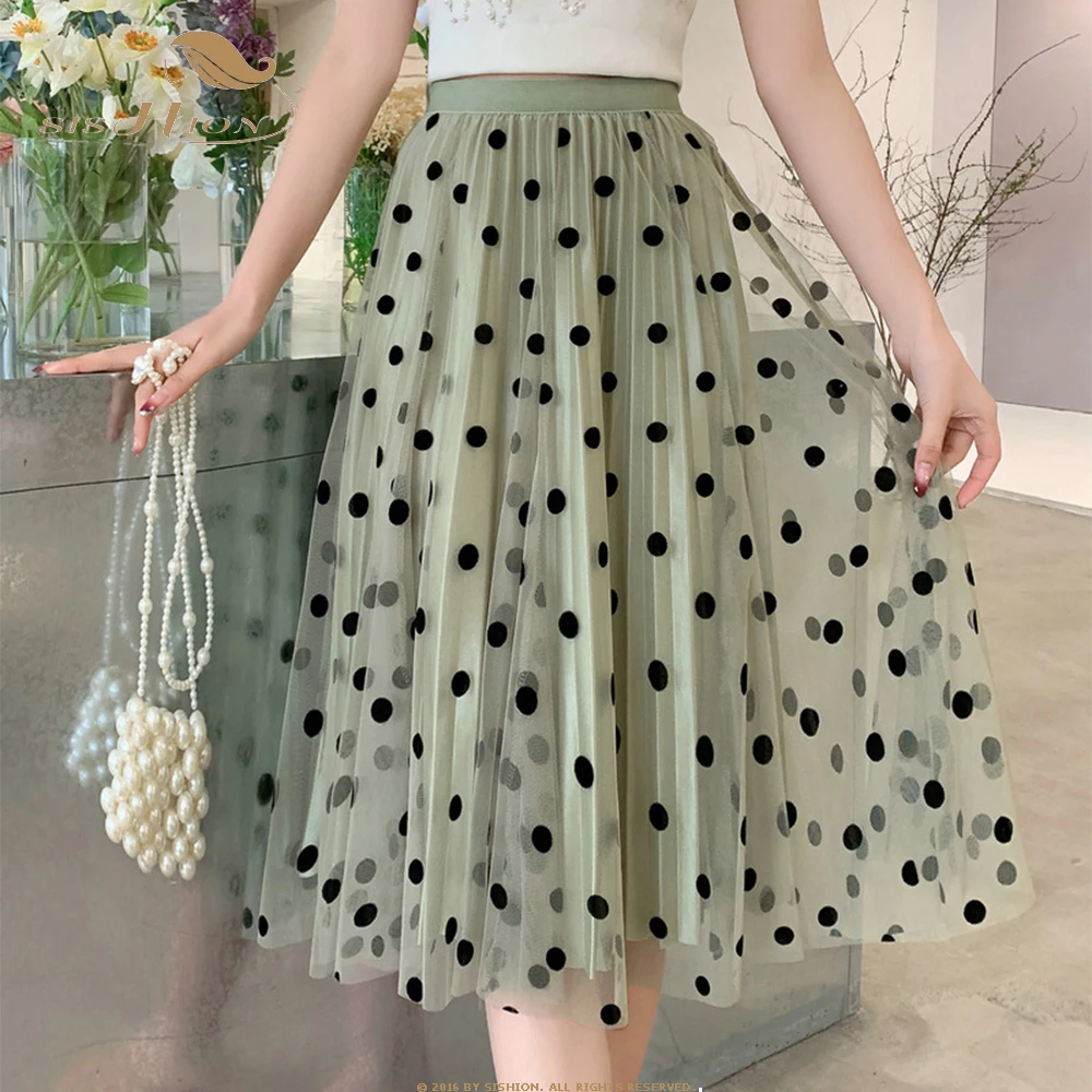 

SISHION Summer Casual Fashion Women Mesh Tulle A Line Skirts Polka Dots Black Green Apricot Midi Pleated Skirt VD4019