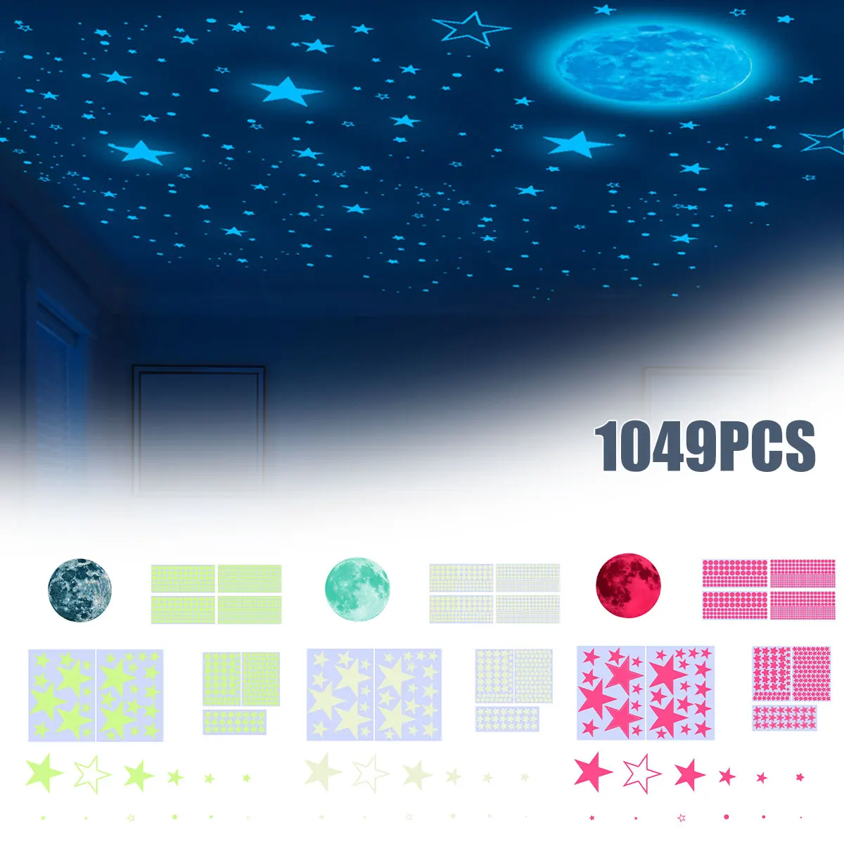 1049Pcs 3D Stars Moon Wall Stickers Glow In The Dark Luminous Fluorescent Pvc Wall Stickers Art Decals Kids Bedroom Home Decor