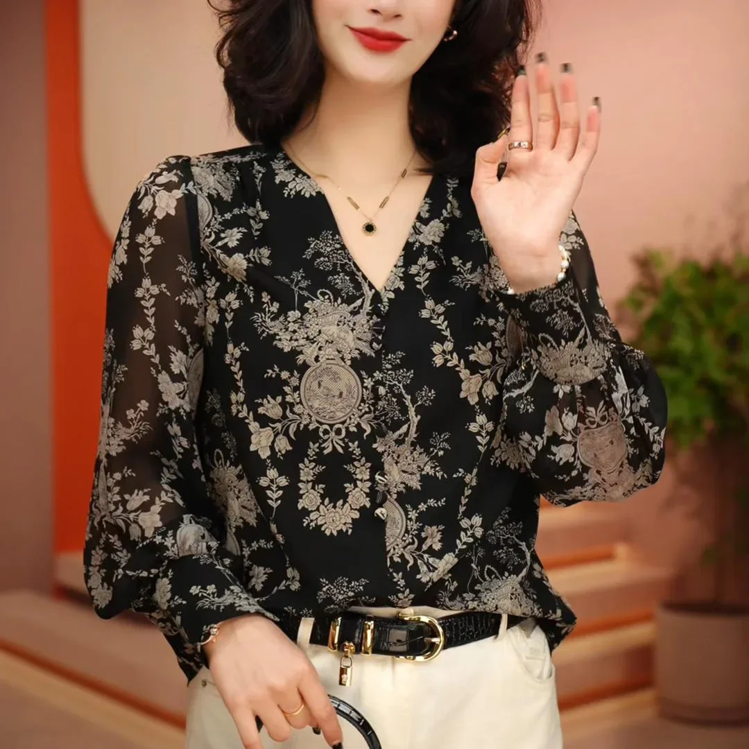 Лето 2023 модная утягивающая элегантная шифоновая женская блузка с принтом легкий