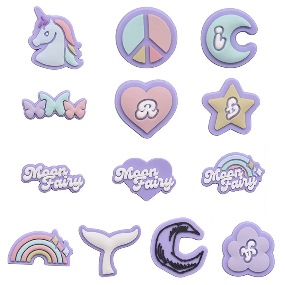

Wholesale 50PCS PVC Cartoon Purple Unicorn Moon Butterfly Heart Star Rainbow Flower Croc Charms DIY Croc Jibz Buckle Decorations
