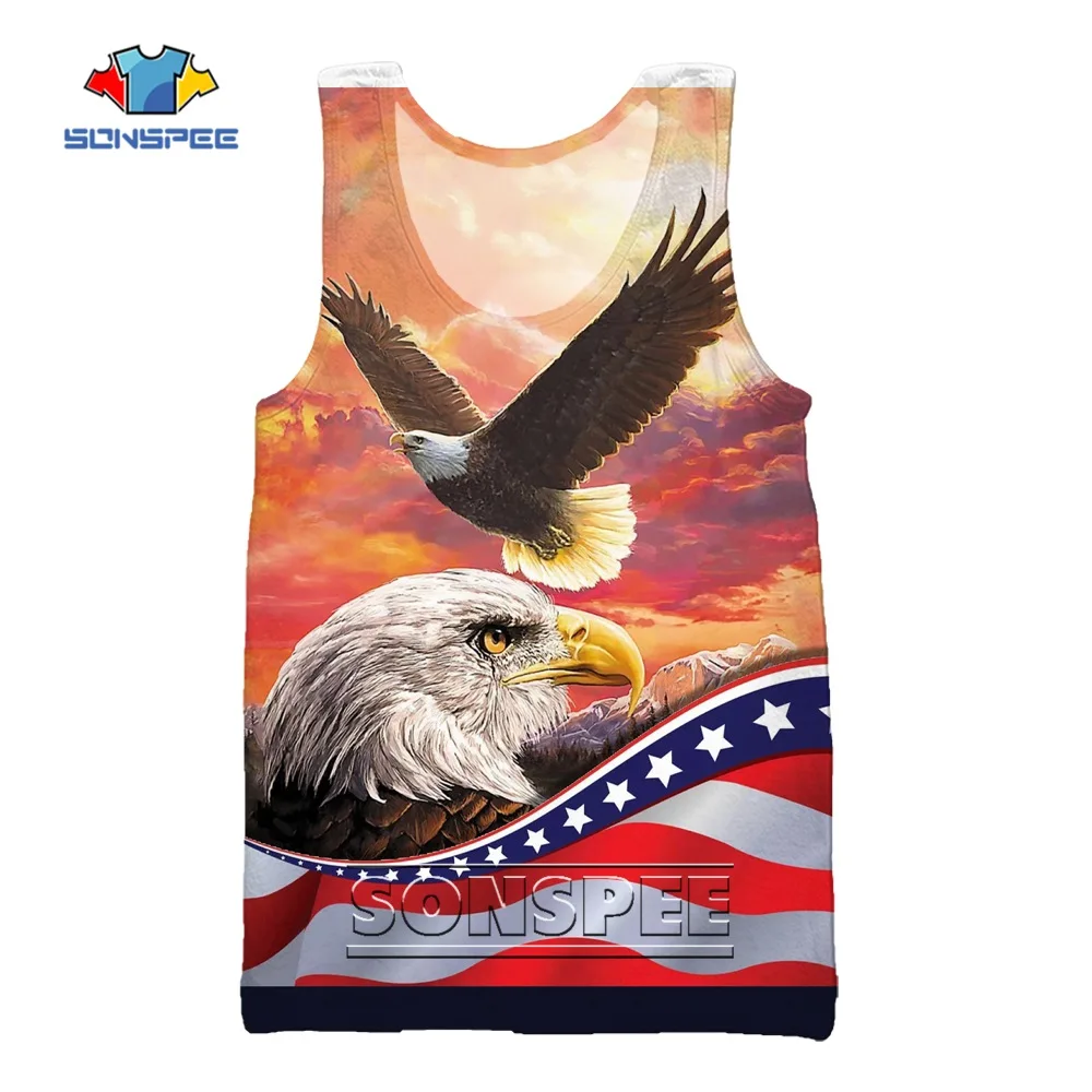 

SONSPEE 3D Print Cool American Flag With Animal Bald Eagle Patchwork Tank Top Men's Casual Fashion Loose Muscle Gym Fitness Vest