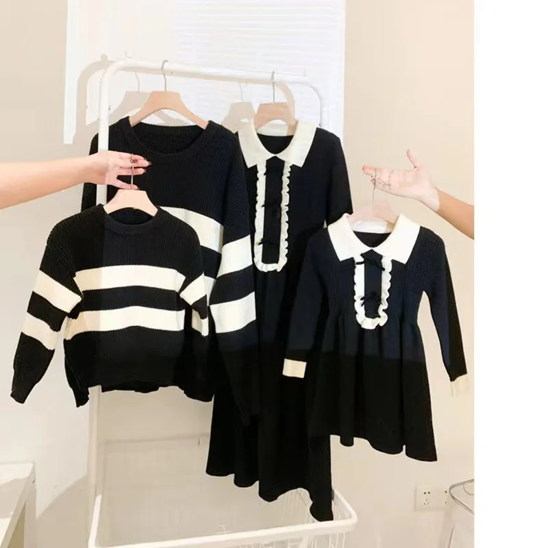 

Одежда для всей семьи, свитер в полоску на осень и зиму, свитер для мальчиков, винтажное платье для девочек, модная женская вязаная юбка с выс...