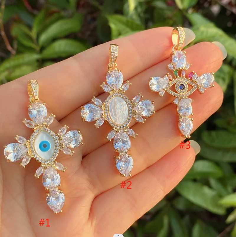

5Pcs Trendy Micro Pave CZ Crystal Christian Jesus Cross Evil Eyes Charms 18k Gold Plated Eyes Cross Pendants For Necklace Making