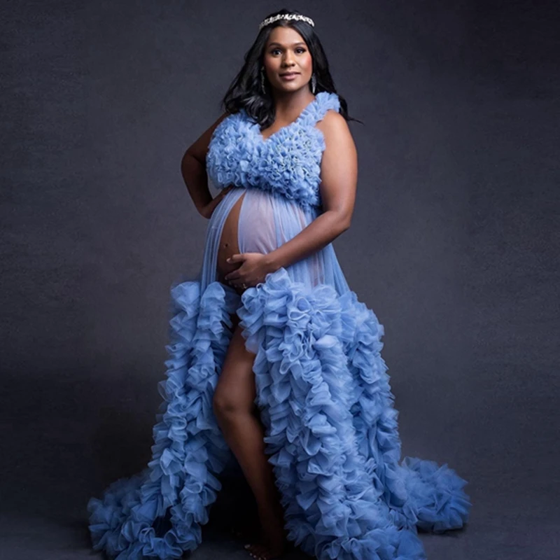 Классические длинные платья небесно-голубого цвета из сетки для беременных