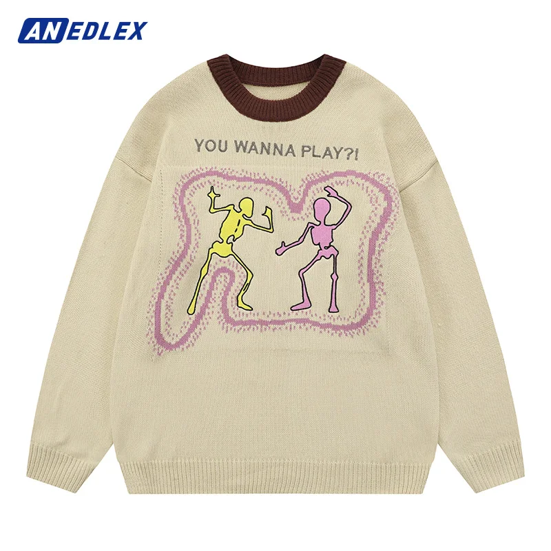 

2022 Autumn Winter Men Sweater Hip Hop Streetwear Embroidery Funny Skull Knitted Sweater Cotton Casual Pullover Harajuku Sweater