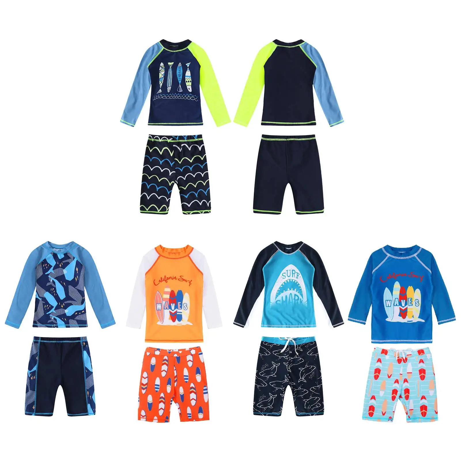 Kids Boys Swimming Suit Swimwear Rashguard Long Sleeves Swim T-Shirt Tops Shorts Sports Set Beach Swimming Bathing 2-10 Years images - 6