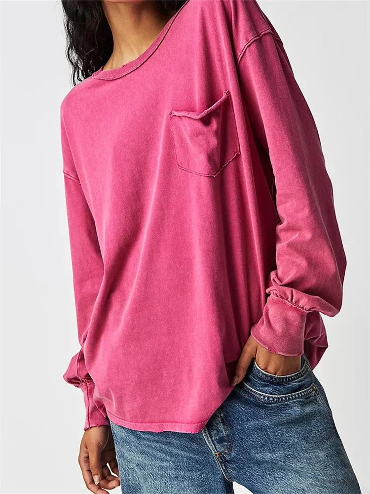 

Футболка CHRONSTYLE Женская с длинным рукавом, повседневный Свободный Топ, уличная одежда с карманами, круглый вырез, однотонная базовая одежда, весна-осень 2023