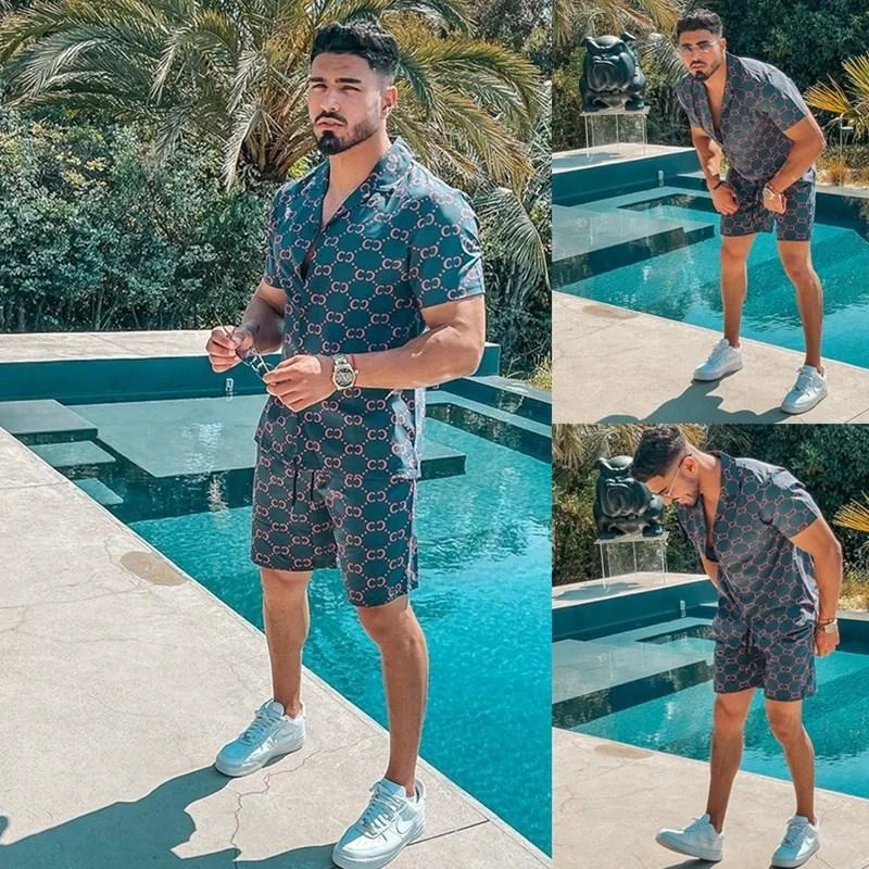Men Hawaiian Tracksuits Printing Summer Harajuku Short Sleeve Button Shirt Beach Shorts Streetwear Casual Mens Suit 2 Pieces