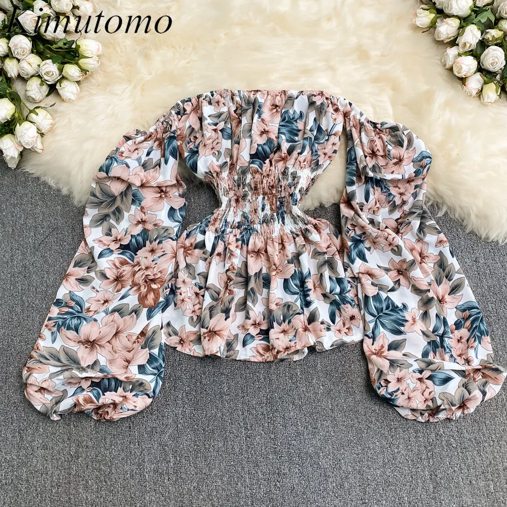 

Женская винтажная блузка с открытыми плечами и цветочным принтом