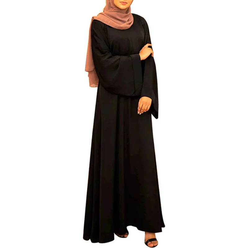 2023 New Arrival Spring Summer Muslim Women Long Sleeve O-neck Polyester Solid Color Long Abaya Muslim Fashion Dress No Headtie