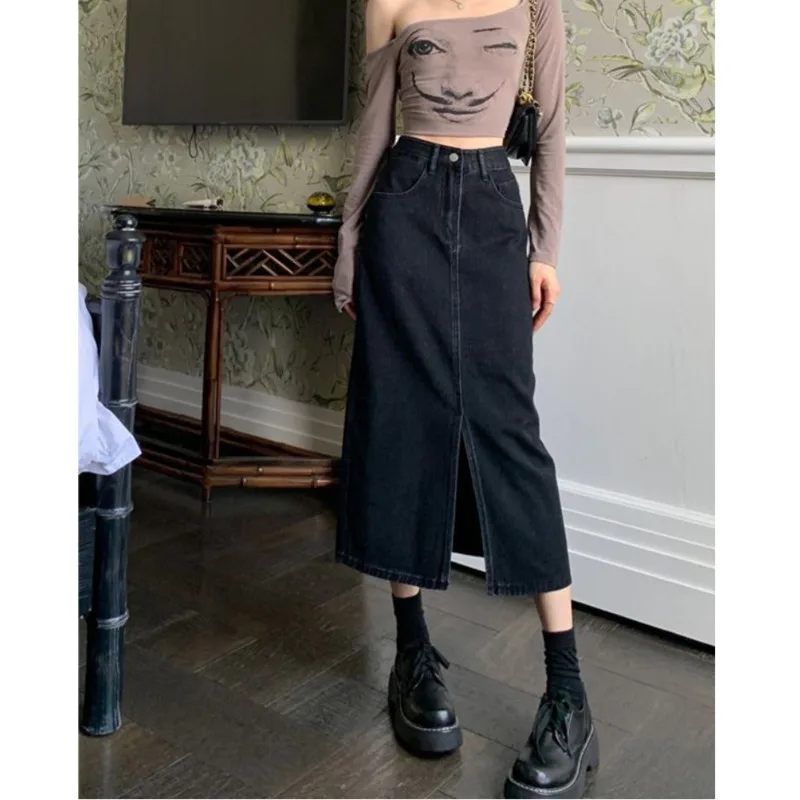 

2023 Skirts Women Denim Retro Washed High Waist Streetwear Vintage All-match Front-slit Design Chic Female Student Mid-calf