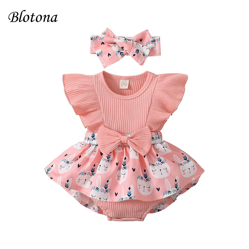 

Blotona Infant Girls Easter Jumpsuit, Rabbit Print Ribbed Patchwork Fly Sleeve O-Neck A-Line Romper with Bow Headband 0-18Months