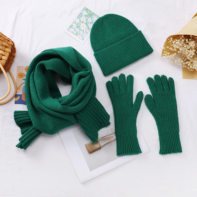 

Women Winter Scarf Hat Gloves Sets 2022 Solid Color 3pcs Knit Beanies Hat Women Scarves Long Gloves Set Gift for Family