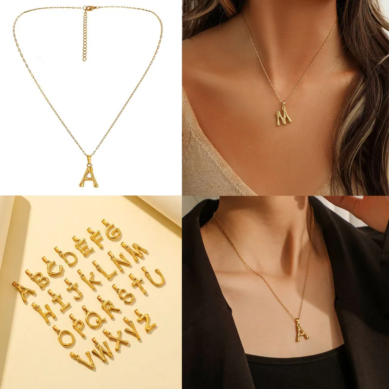 

A-Z 26 Bamboo Letter Woman's Pendant Necklace Women Long Stainless Steel GOLD Plated Necklace Jewelry Gift