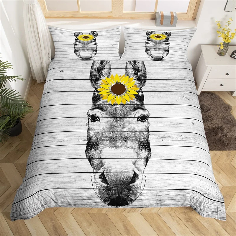 

Комплект постельного белья с изображением осла, королева, Подсолнух, пододеяльник для детей, мальчиков, подростков, мужчин, черно-белый стиль для скетчинга