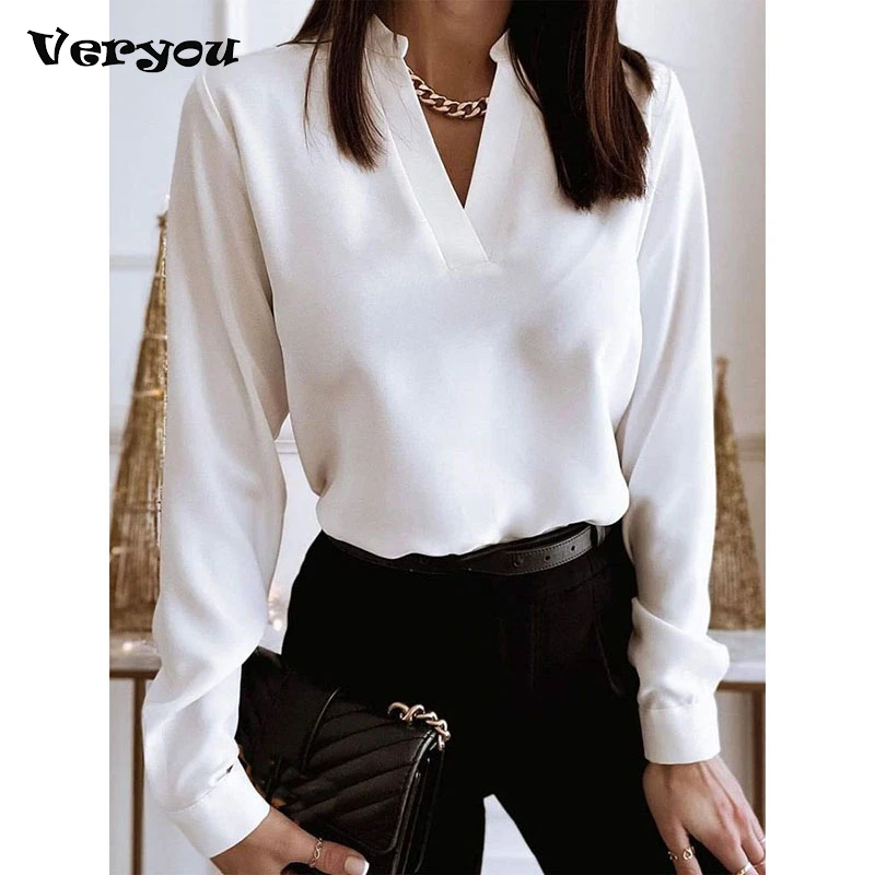 Футболка женская офисная однотонная с длинным рукавом и V-образным вырезом |