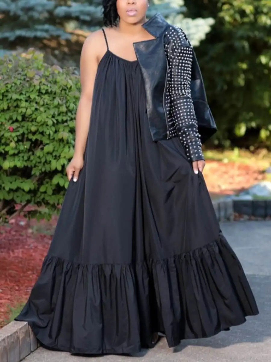 LW Plus Size summer Dresses Casual Pocket Fold Design Loose Black Floor Length A Line Dress Spaghetti Strap sexy summer skirt