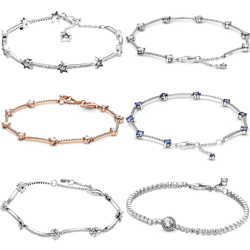 

Новинка, блестящий браслет из серебра, синего цвета с небесными звездами, маргариткой, гало, Теннисный Браслет, популярный браслет с бусинам...