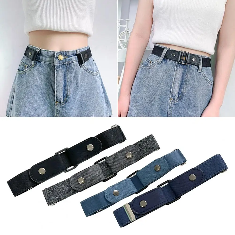 

Adjustable Invisible Buttons Closure Unisex Belt No Buckle Stretchy Jeans Lazy Belt Waist Belt Solid Waistband
