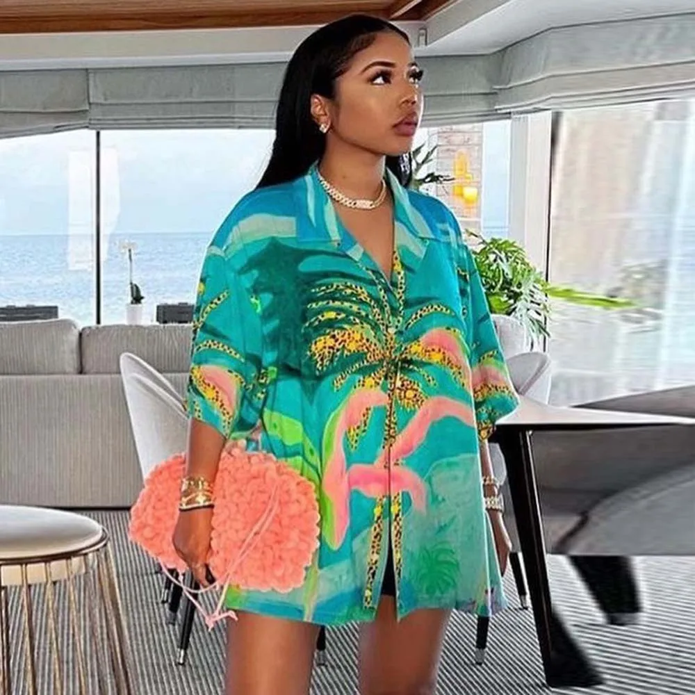 

Women's Blouse Beach Resort Print Loose Lapel Short Sleeve Shirt T-Shirt Top Casual Slim Ladies Shirt For Summer 2022