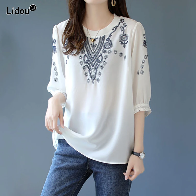 

Printing Simplicity T-Shirts Pullovers Round Neck Elegant Fashion Short Sleeve Summer Thin Solid Color Casual Women's Clothing