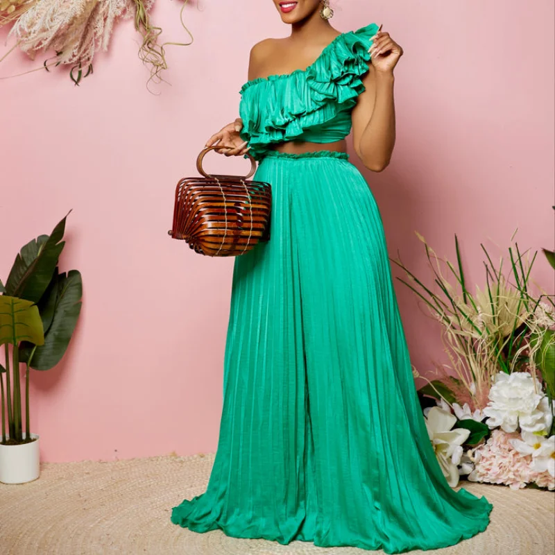 

Костюм WUHE из плиссированной юбки с широкими штанинами и укороченного топа на одно плечо с рукавом-бабочкой, Женский комплект из двух предметов, 2023