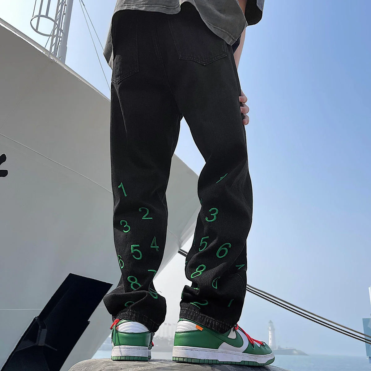 

Джинсы мужские прямые с широкими штанинами, модные повседневные брюки оверсайз с вышивкой, свободные джинсовые штаны в стиле хип-хоп, на все сезоны