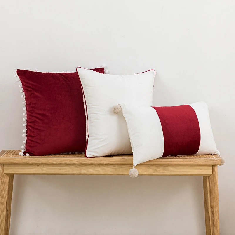 

Nordic Red White Pillow Covers Decorative Velvet Solid Color Pillowcase Bow Hair Ball Splicing Tassels Pillows Decor Home