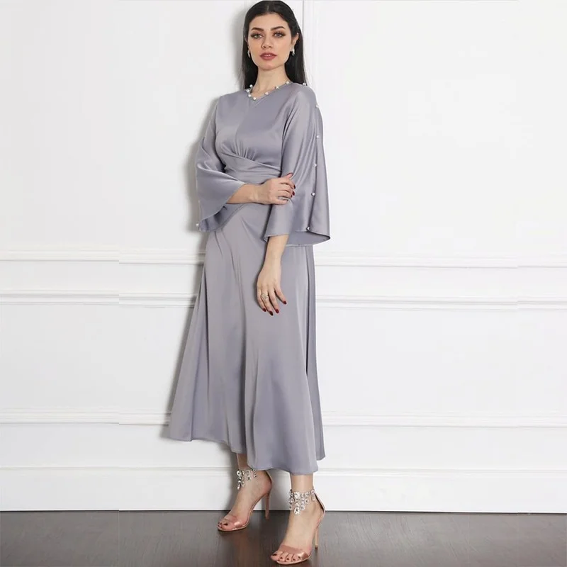 Muslim Women Wrap Front Maxi Dress Abaya Soft Satin Elegant Long Sleeve Belted Long Dress Islam Arab Dubai Turkey Clothes
