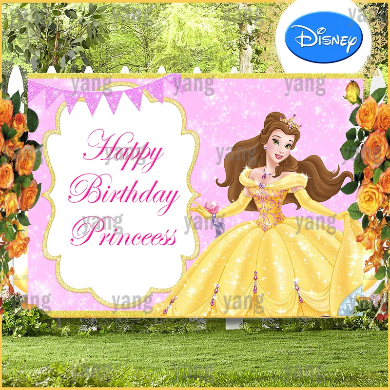 Disney Pink Flash Banner Wedding Backdrop Princess Beauty and the Beast Happy Birthday Party Background DIY Cloth Baby Shower