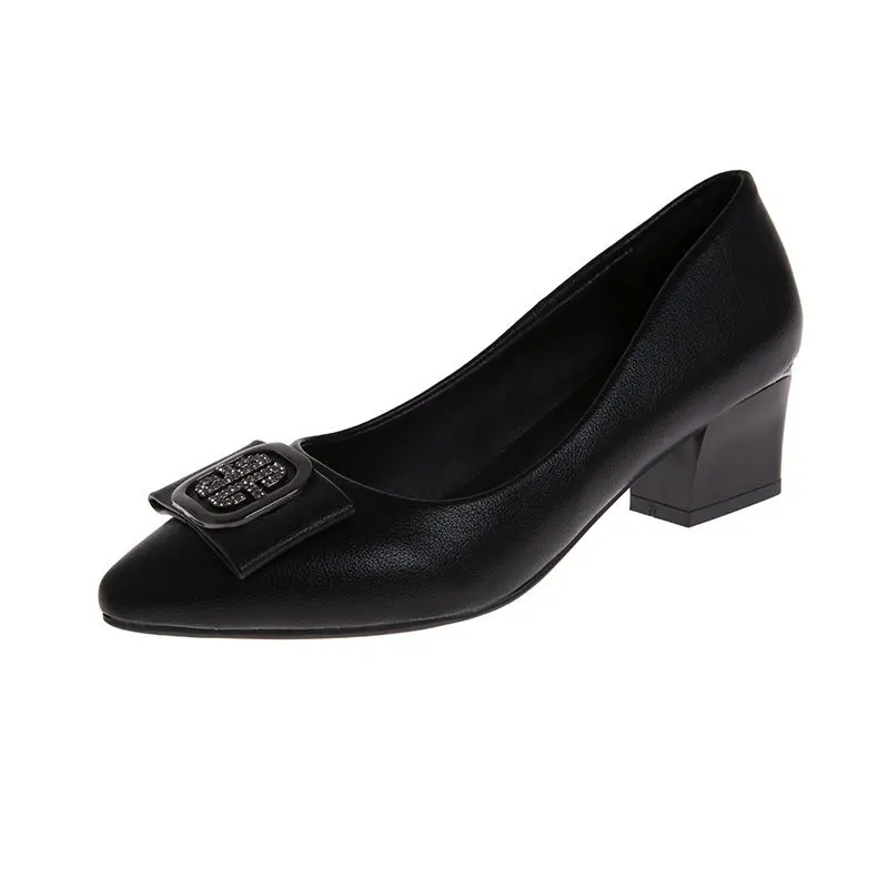 

Women's Pointed Toe Pumps Solid Color Crystal Decor All Match Ladylike Comfy High Thick Heel Office Shoes