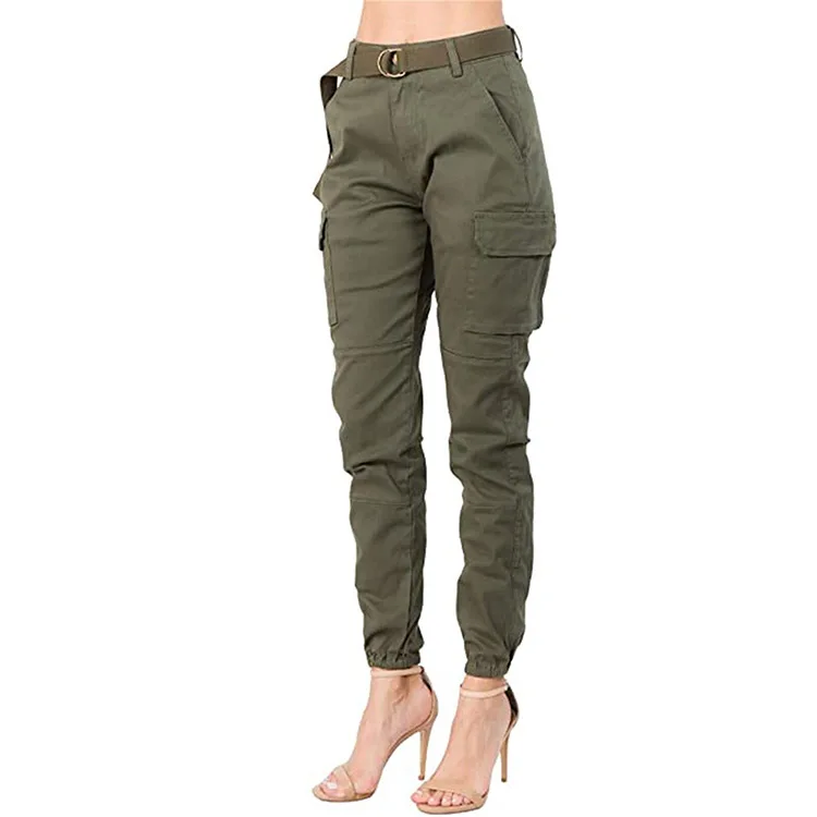 

2021 Women Green Zipper Mid Waist Casual Pants High Street Solid Pockets Button Cargo Pant Female Pencil Trousers Autumn Fashion