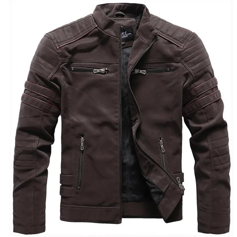 

Winter Fleece Leather Jacket Men Stand Collar Washed Retro Motorcycle Leather Jackets Jaqueta Masculino Mens Coats 4XL Clothing