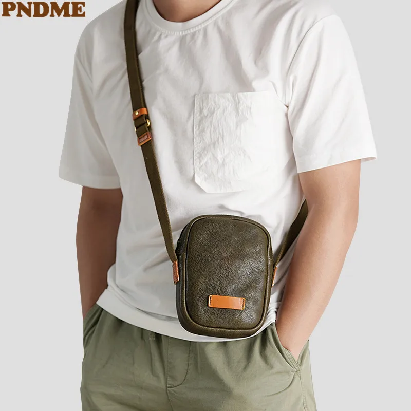 Fashion luxury genuine leather men's mini phone shoulder bag outdoor simple daily natural real cowhide green small messenger bag