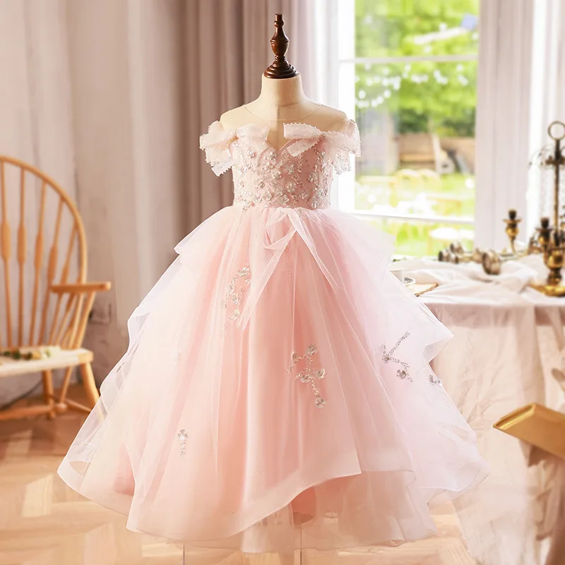 

Children's high-end pink wedding dress flower girl birthday princess dress runway show host piano performance summer dress